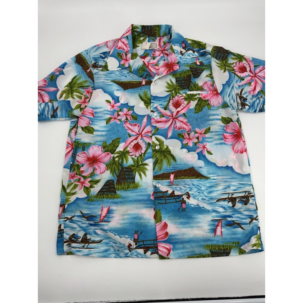 Vintage‎ Maluna Hawaiian Shirt Mens Large Blue 70s Made In Hawaii USA Fishing